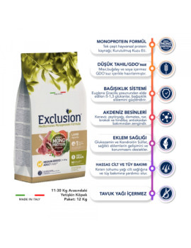 Exclusion Monoprotein Kuzu Etli ve Narlı Düşük Tahıllı Orta Irk Yetişkin Köpek Maması 12kg