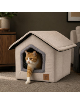 Petlebi Ev Modeli Kedi ve Küçük Irk Köpek Yatağı 40x40x40cm (Bej)