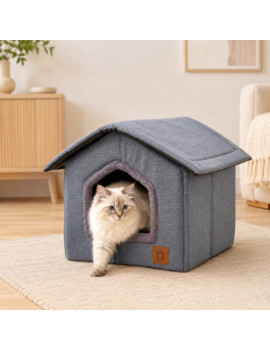 Petlebi Ev Modeli Kedi ve Küçük Irk Köpek Yatağı 40x40x40cm (Gri)